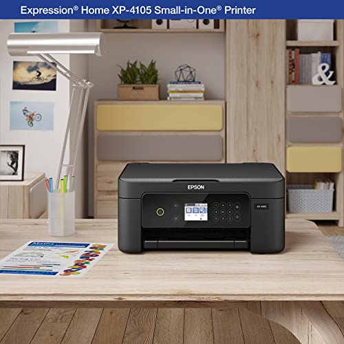 Epson Expression Home XP-4105 All-in-One Wireless Color Inkjet Printer, Black - Print Copy Scan - 2.4" Color LCD, 10.0 ppm, 5760 x 1440 dpi, Auto 2-Sided Printing, Voice Activated