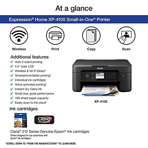 Epson Expression Home XP-4105 All-in-One Wireless Color Inkjet Printer, Black - Print Copy Scan - 2.4" Color LCD, 10.0 ppm, 5760 x 1440 dpi, Auto 2-Sided Printing, Voice Activated