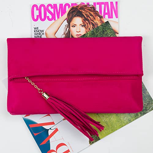 JNB Faux Micro Suede Fold Over Clutch, Fuchsia