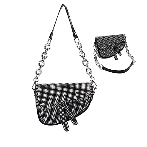 Rhinestone Saddle Bag for Women Rhinestone Crossbody Evening Bag,Clutch Bag Rhinestone Handbag Leather Crossbody Shoulder Purse (Silver)