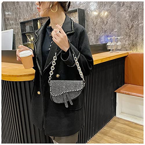 Rhinestone Saddle Bag for Women Rhinestone Crossbody Evening Bag,Clutch Bag Rhinestone Handbag Leather Crossbody Shoulder Purse (Silver)