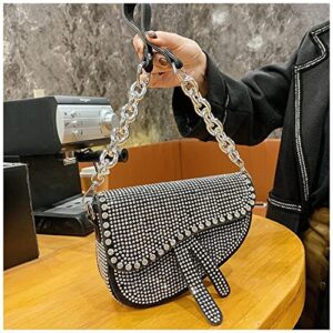 Rhinestone Saddle Bag for Women Rhinestone Crossbody Evening Bag,Clutch Bag Rhinestone Handbag Leather Crossbody Shoulder Purse (Silver)