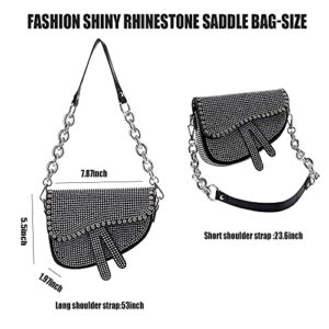 Rhinestone Saddle Bag for Women Rhinestone Crossbody Evening Bag,Clutch Bag Rhinestone Handbag Leather Crossbody Shoulder Purse (Silver)