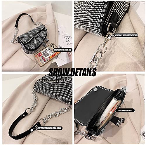 Rhinestone Saddle Bag for Women Rhinestone Crossbody Evening Bag,Clutch Bag Rhinestone Handbag Leather Crossbody Shoulder Purse (Silver)