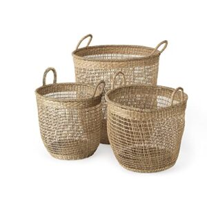 19.7l x 19.7w 19.7h (set of 3) medium brown seagrass round basket w/handles handmade