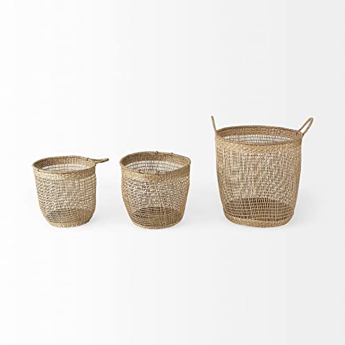 19.7l X 19.7w 19.7h (Set Of 3) Medium Brown Seagrass Round Basket W/Handles Handmade