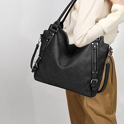 WIOLETA Leather Handbags for Women Shoulder Large Ladies Purse Satchel Tote Bag Crossbody Bag (Black)