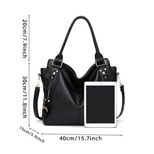 WIOLETA Leather Handbags for Women Shoulder Large Ladies Purse Satchel Tote Bag Crossbody Bag (Black)