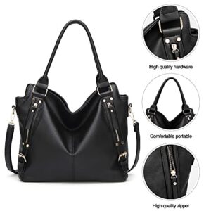 WIOLETA Leather Handbags for Women Shoulder Large Ladies Purse Satchel Tote Bag Crossbody Bag (Black)