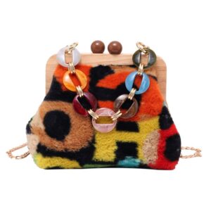 women’s shoulder bag fashion chain tote bag wooden clip cross-body bag color corduroy cross-body bag wallet (colored)