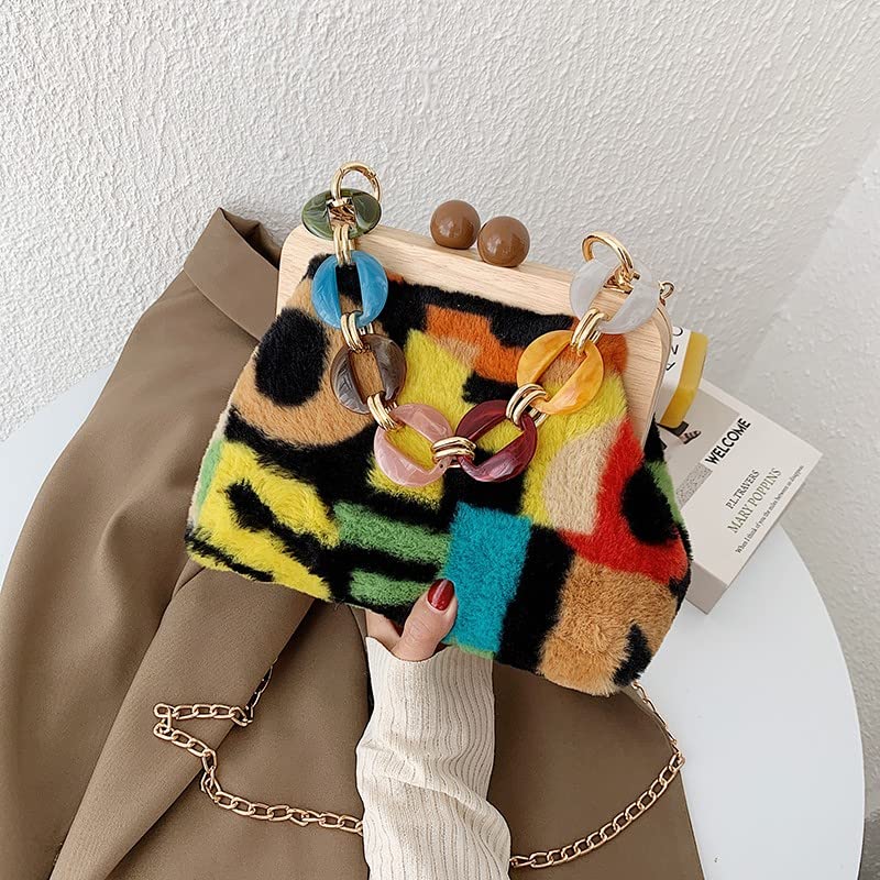 Women's Shoulder Bag Fashion Chain Tote Bag Wooden Clip Cross-body Bag Color Corduroy Cross-body Bag Wallet (Colored)