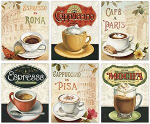 coffee wall art kitchen decor, vintage coffee canvas posters dining room decoration, mocha cappuccino art painting for restaurant office man cave cafe bar wall decor, set of 6 – (8″x10″ unframed)