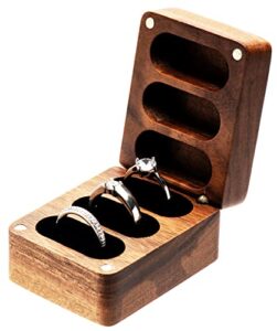 cosiso walnut wooden wedding ring storage box,solid ring holder for ring 3 slots wedding ceremony engagement birthday (black inner)
