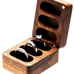 COSISO Walnut Wooden Wedding Ring Storage Box,Solid Ring Holder for Ring 3 Slots Wedding Ceremony Engagement Birthday (Black Inner)