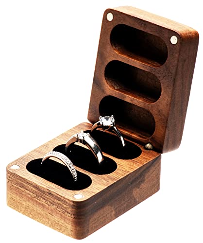 COSISO Walnut Wooden Wedding Ring Storage Box,Solid Ring Holder for Ring 3 Slots Wedding Ceremony Engagement Birthday (Black Inner)