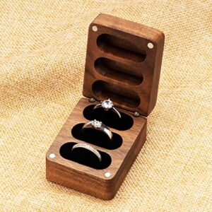 COSISO Walnut Wooden Wedding Ring Storage Box,Solid Ring Holder for Ring 3 Slots Wedding Ceremony Engagement Birthday (Black Inner)