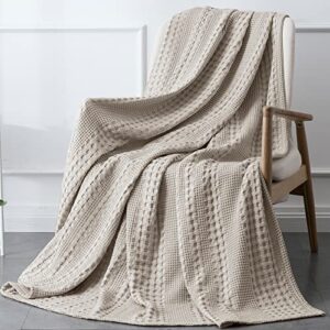 phf 100% cotton waffle weave throw blanket – washed soft lightweight blanket for all season – breathable and skin-friendly blanket for couch bed sofa 50″x60″- light khaki/linen