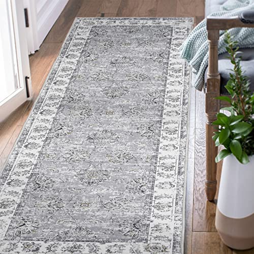 COLLACT Runner Rug 2x6 Area Rug Hallway Persian Rug Vintage Grey Floral Print Carpet Distressed Rug Indoor Mat Foldable Thin Rug Non Slip Accent Rug Kitchen Living Room Bedroom Dining Room