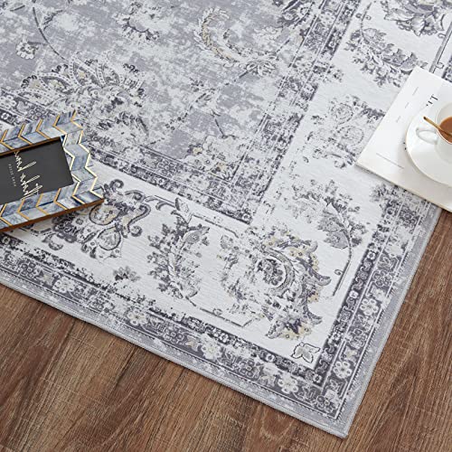 COLLACT Runner Rug 2x6 Area Rug Hallway Persian Rug Vintage Grey Floral Print Carpet Distressed Rug Indoor Mat Foldable Thin Rug Non Slip Accent Rug Kitchen Living Room Bedroom Dining Room