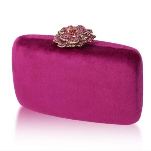 2022 velvet clutch bag diamond flower lock elegant evening bag purse wedding chain clutch (hot pink)