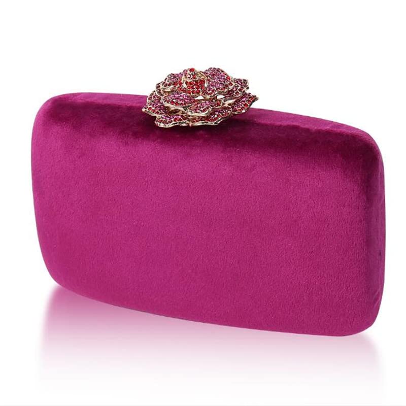 2022 Velvet Clutch Bag Diamond Flower Lock Elegant Evening Bag Purse Wedding Chain Clutch (Hot Pink)