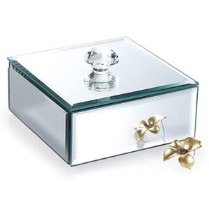 hipiwe silver glass mirrored jewelry box with crystal handle square trinket organizer treasure chest case classic keepsake box for storage rings earrings necklace bracele (small, silver)