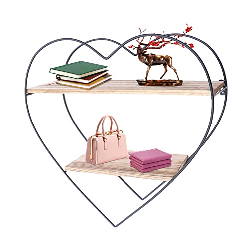 Fetcoi Wall Shelf Heart Floating Shelves,2-Tire Iron Wood Wall Hanging Shelves Display Storage Organizer, Gifts for Kid Children Room Bedroom Bathroom Living Room