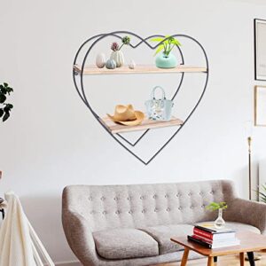 Fetcoi Wall Shelf Heart Floating Shelves,2-Tire Iron Wood Wall Hanging Shelves Display Storage Organizer, Gifts for Kid Children Room Bedroom Bathroom Living Room