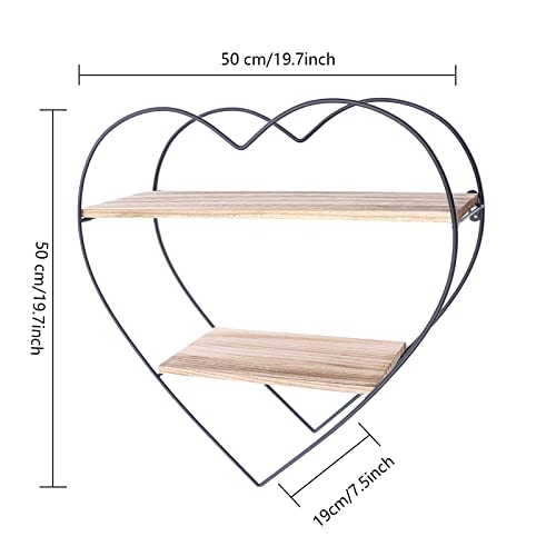 Fetcoi Wall Shelf Heart Floating Shelves,2-Tire Iron Wood Wall Hanging Shelves Display Storage Organizer, Gifts for Kid Children Room Bedroom Bathroom Living Room