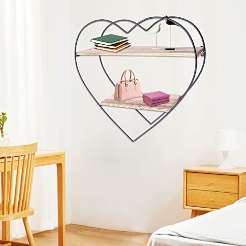 Fetcoi Wall Shelf Heart Floating Shelves,2-Tire Iron Wood Wall Hanging Shelves Display Storage Organizer, Gifts for Kid Children Room Bedroom Bathroom Living Room