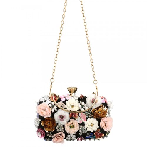 Sequins Floral Handbag Rose Nude Clutch Purses and Handbags for Women Wedding Prom Banquet Party 3D Sequins Evening Handbag (Black-1)