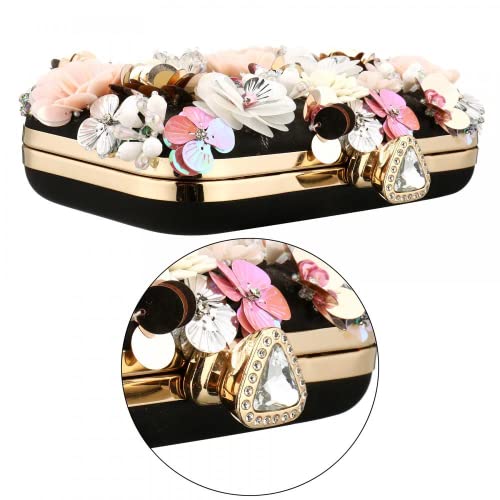 Sequins Floral Handbag Rose Nude Clutch Purses and Handbags for Women Wedding Prom Banquet Party 3D Sequins Evening Handbag (Black-1)