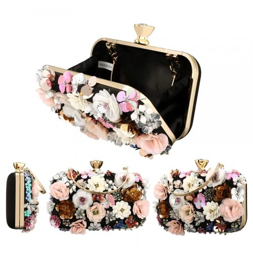 Sequins Floral Handbag Rose Nude Clutch Purses and Handbags for Women Wedding Prom Banquet Party 3D Sequins Evening Handbag (Black-1)