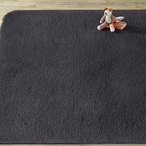 Asvin 5x7 Area Rug, Fluffy Living Room Area Rug, Luxury Large Area Rug, Non-Skid Fleece Carpets for Bedroom Home Décor, Soft Plush Furry Rug for Kids Room, Washable Floor Rug (5x7 Feet, Grey)