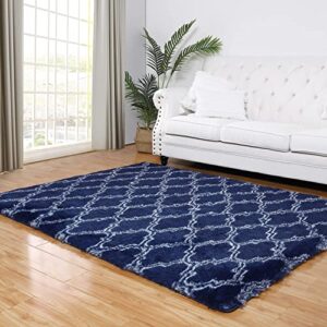 4x6 feet navy blue soft area rug for bedroom living room furry big plush fuzzy rugs luxury fluffy rug for girls boys kids room shaggy carpet (4x6 feet, navy blue/white)