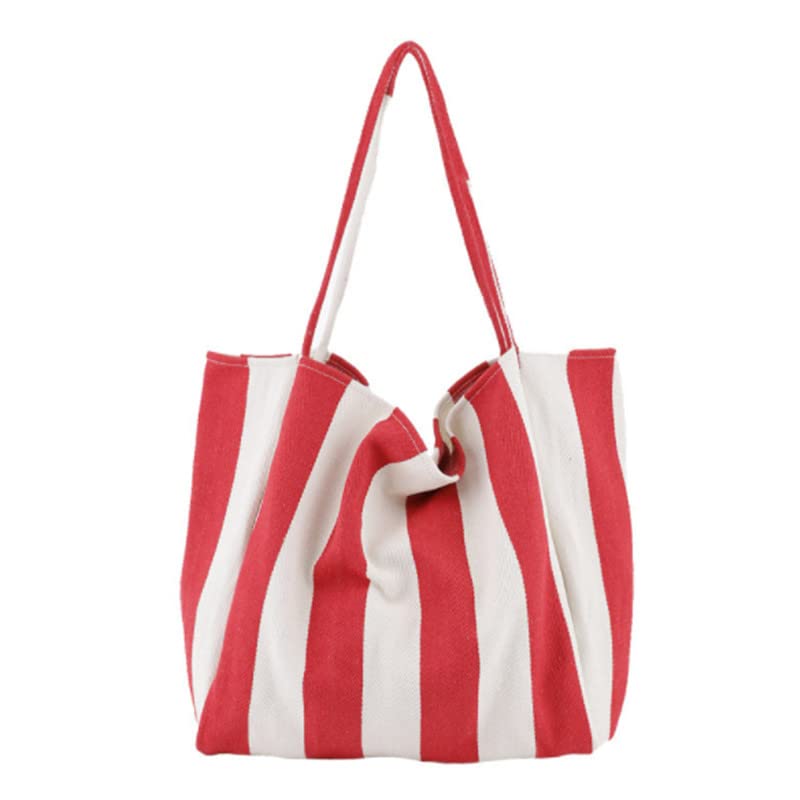 2022 Ladies Classic Striped Canvas Handbag Large Capacity Shoulder Bag for Female Simple Beach Casual Totes Shopping Bag (Red Wide Stripes)