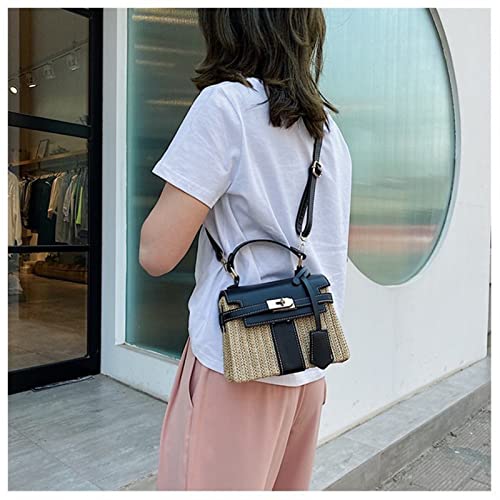 BZGWECD Handmade Rattan Crossbody Bags for Women, Summer Straw Bag Handbags Beach Bag PU Summer New Flap Crossbody Bag (Color : Black, Size : 18x8x15cm)