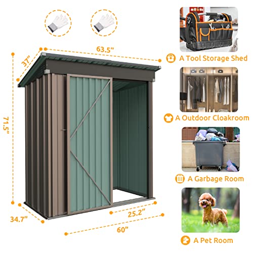 UDPATIO Outdoor Storage Shed 5x3 FT, Metal Garden Shed for Bike, Garbage Can, Tool, Lawnmower, Outside Sheds & Outdoor Storage Galvanized Steel with Lockable Door for Backyard, Patio, Lawn