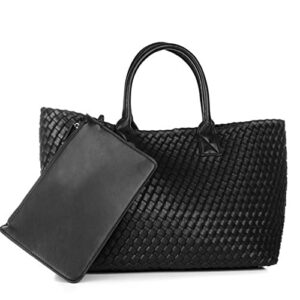 fashion woven vegan leather shopper bag bucket bag travel handbags and purses women tote bag large capacity shoulder bags (color black)