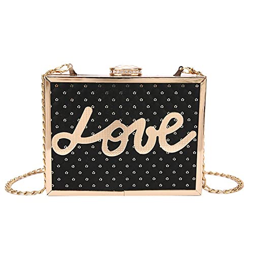 Sequin Evening Lock Chain Bag LOVE Letters Box Shaped Shoulder Bag (black)