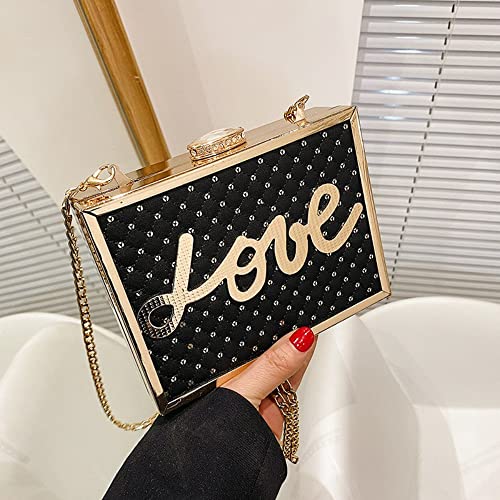 Sequin Evening Lock Chain Bag LOVE Letters Box Shaped Shoulder Bag (black)