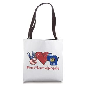 peace love wisconsin tote bag
