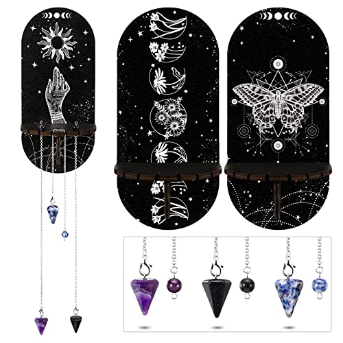 Queekay 3 Pieces Small Crystal Shelf Display Black Butterfly Crystal Shelf Magical Boho Hand Moon and Stars Shelf Witch Stuff Wooden Moon Phases Crystal Holder Stand with 3 Pieces Crystals Stone