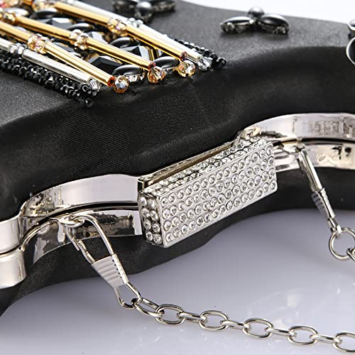 CuteCue Violin/Guitar Shaped Evening Bag Black Beaded Tassel Party Handbag Wedding Clutch Purse