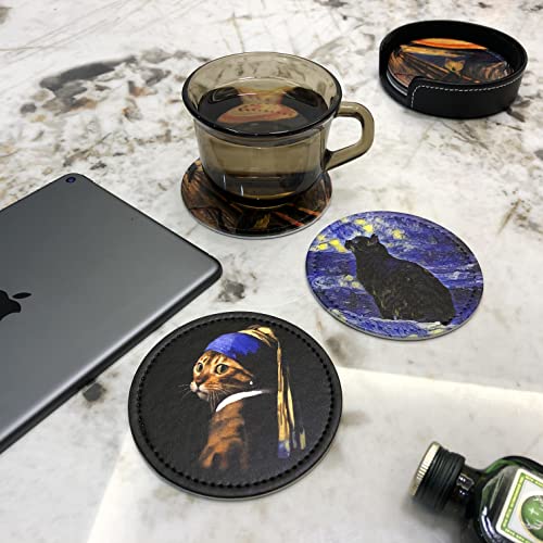 Cat Art Coasters for Drinks with Holder Leather Coasters Set of 6 for Coffee Table