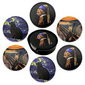 Cat Art Coasters for Drinks with Holder Leather Coasters Set of 6 for Coffee Table