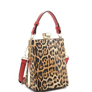 crocodile ostrich snake leopard frame small vegan leather handle clutch purse (matte leopard print – brown/red)