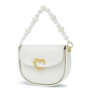 Women's Cowhide Leather Crossbody Handbags with Pearl Handle Adjustable Strap(White)