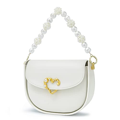 Women's Cowhide Leather Crossbody Handbags with Pearl Handle Adjustable Strap(White)