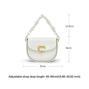 Women's Cowhide Leather Crossbody Handbags with Pearl Handle Adjustable Strap(White)